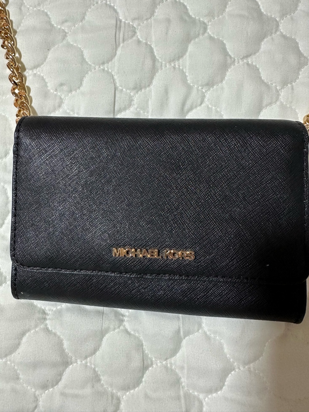 Michael Kors Black Saffiano Leather Chain Wallet with Gold Hardware